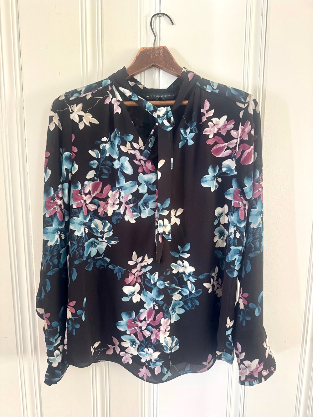 WHBM Floral Tie-Neck Blouse - Black with Blue & Pink Blooms, Size 10